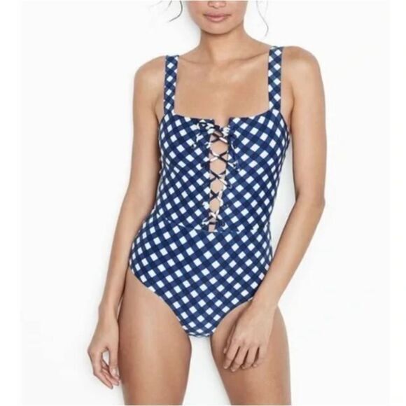 NEW Onia Raquel blue white gingham check raquel‎ one piece swimsuit, size S - Picture 1 of 14